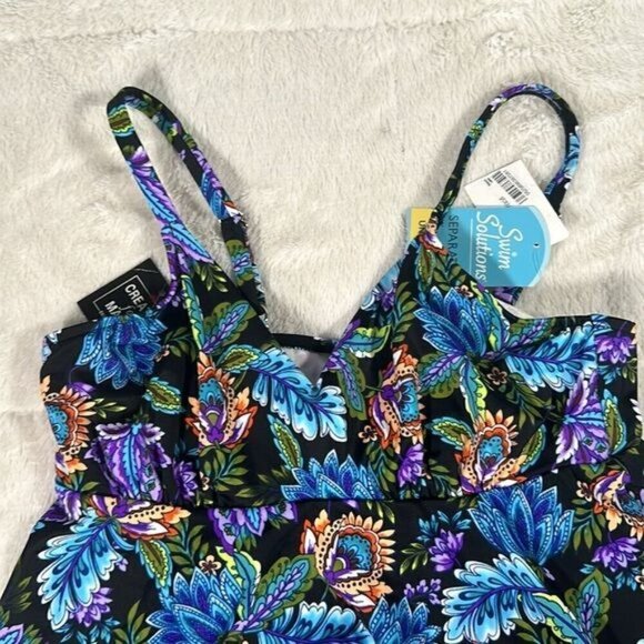 Swim Solutions Tankini Top Swimsuit size 8 Boho Paisley V Neck Underwire NEW - Picture 5 of 16